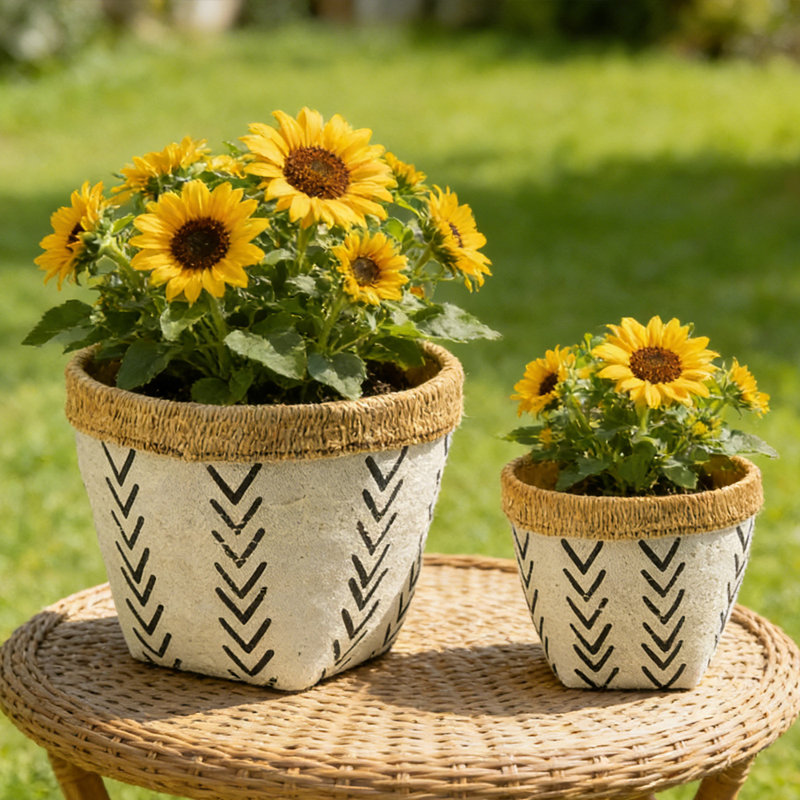 Ensemble de 2 pots à fleurs tissés en ciment avec motif en V - Contenants de plantation élégants de 10 pouces pour créer un espace de jardin personnalisé