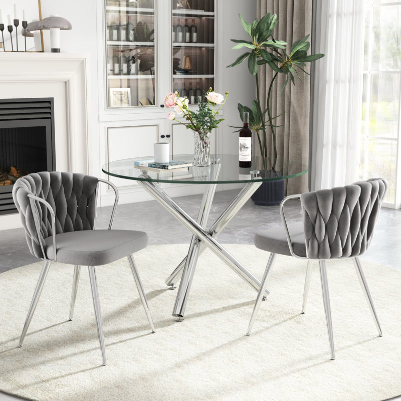 Elegant Round Glass Dining Table Set, Grey,  5 Pieces: Table, 4 Chairs, Silver