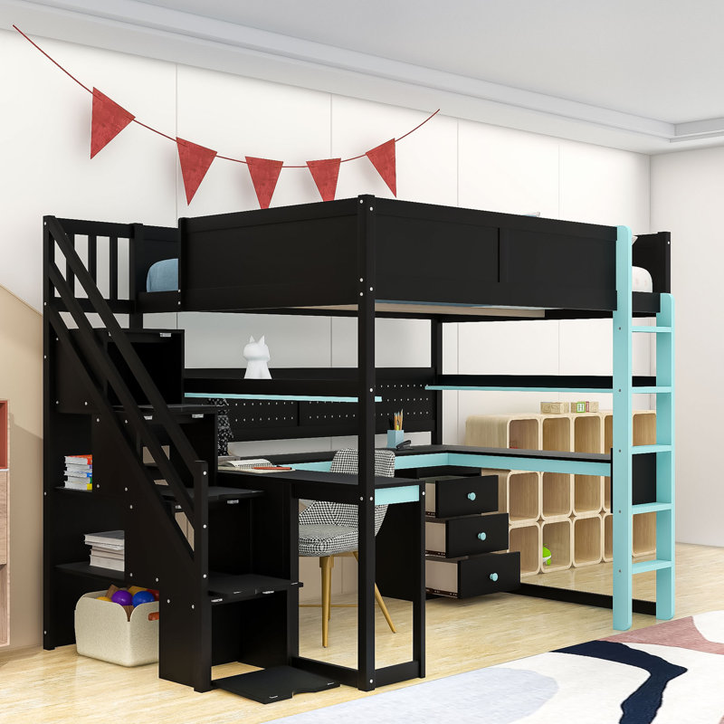 Lit mezzanine en bois avec bureau, tablettes et panneau perforé, Lit double, Noir / Bleu