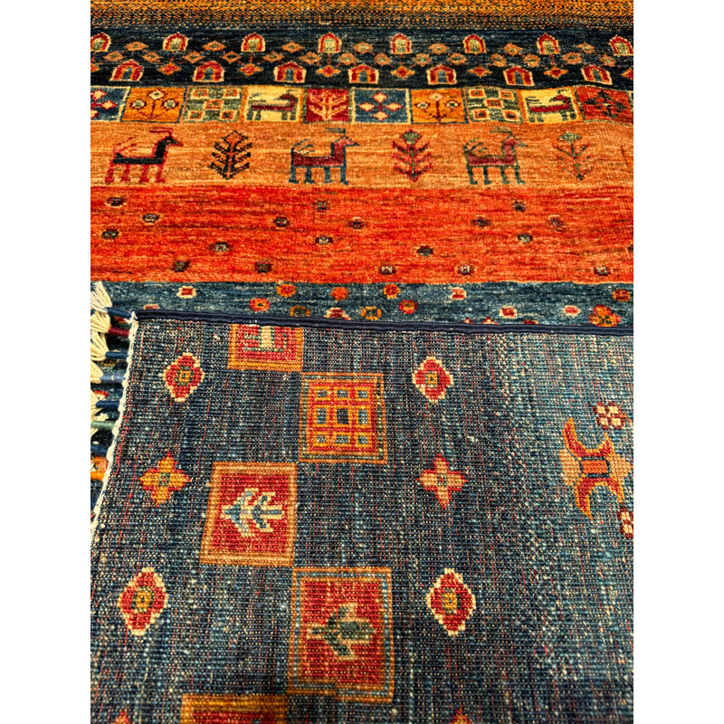 Tapis bleu original en laine et coton noué à la main