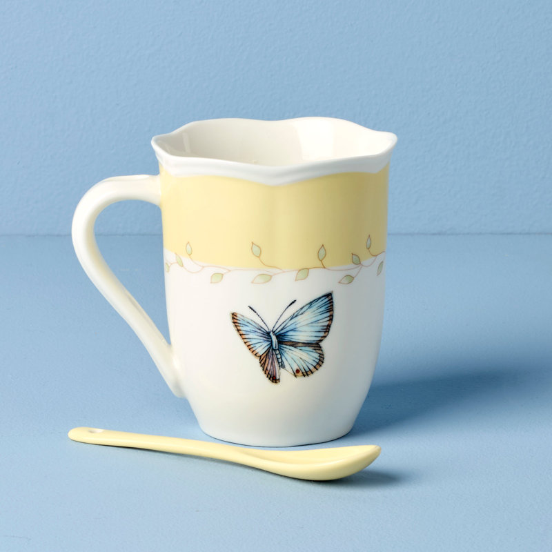 Lenox Butterfly Meadow Yellow Mugs with Spoons, Set of 2
