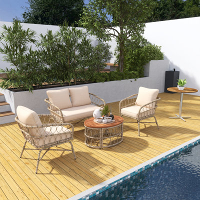 Bohemia-Inspired 4-Person Outdoor Seating Group With Removable Beige Cushions, Conversation Patio Set With Wood Tabletop