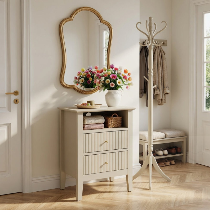 Table de chevet cannelée à 2 tiroirs, Beige
