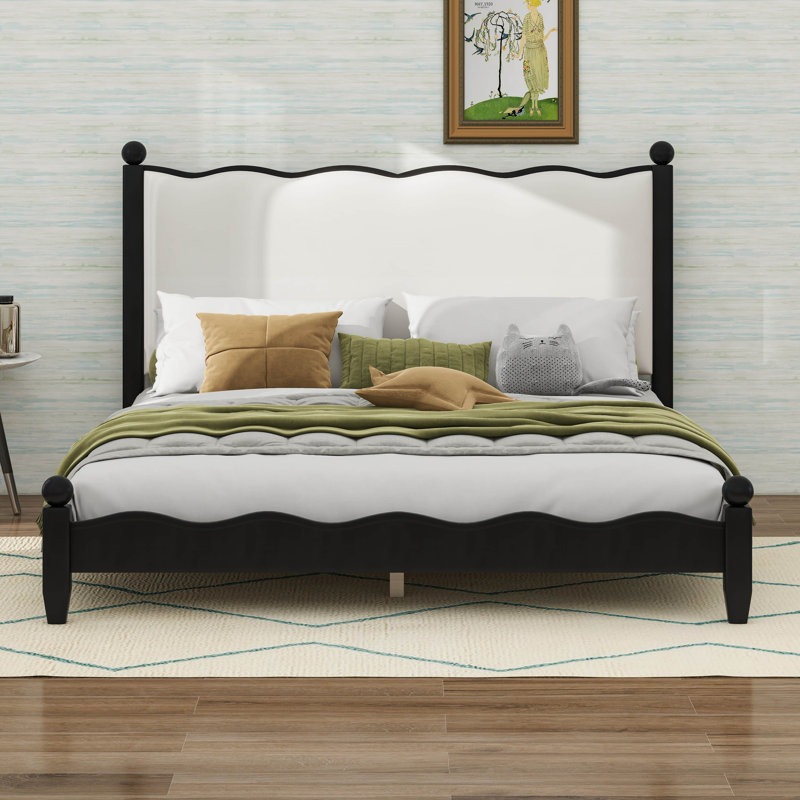 Lit plateforme classique en bois avec tête de lit tapissier festonnée élégante, Grand lit, Black/Beige
