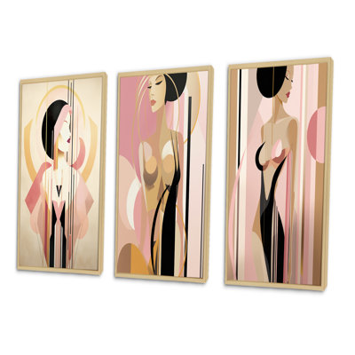 Sensual Elegance Art Nouveau Woman Pink And Gold - Woman Avant-Garde Art Set Of 3 Pieces