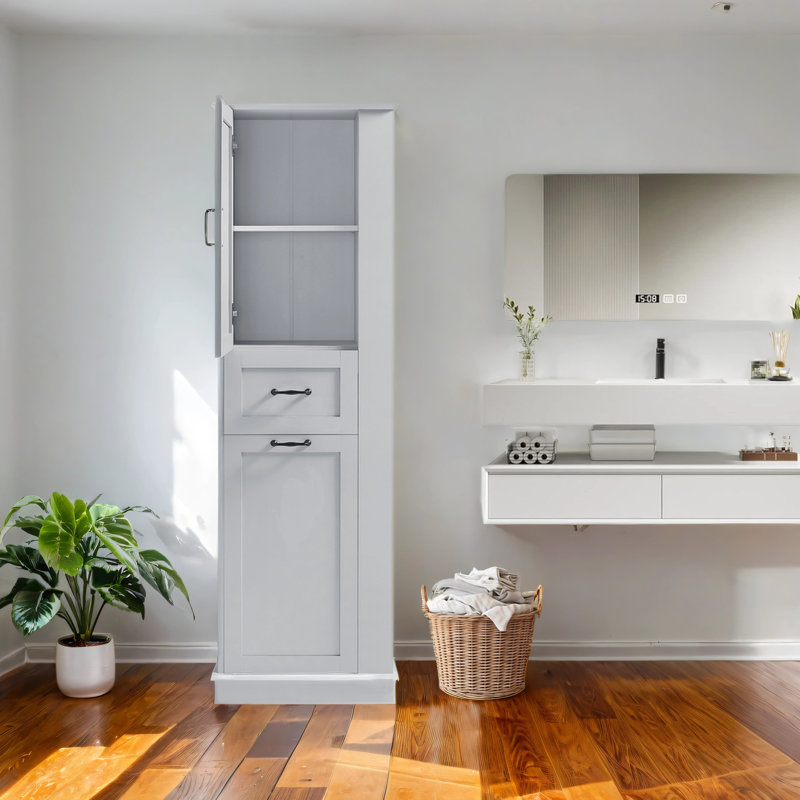 67.8" Tall Bathroom Cabinet with Laundry Basket – Adjustable Shelves, Durable Waterproof Finish, Space-Saving Organizer, Gray