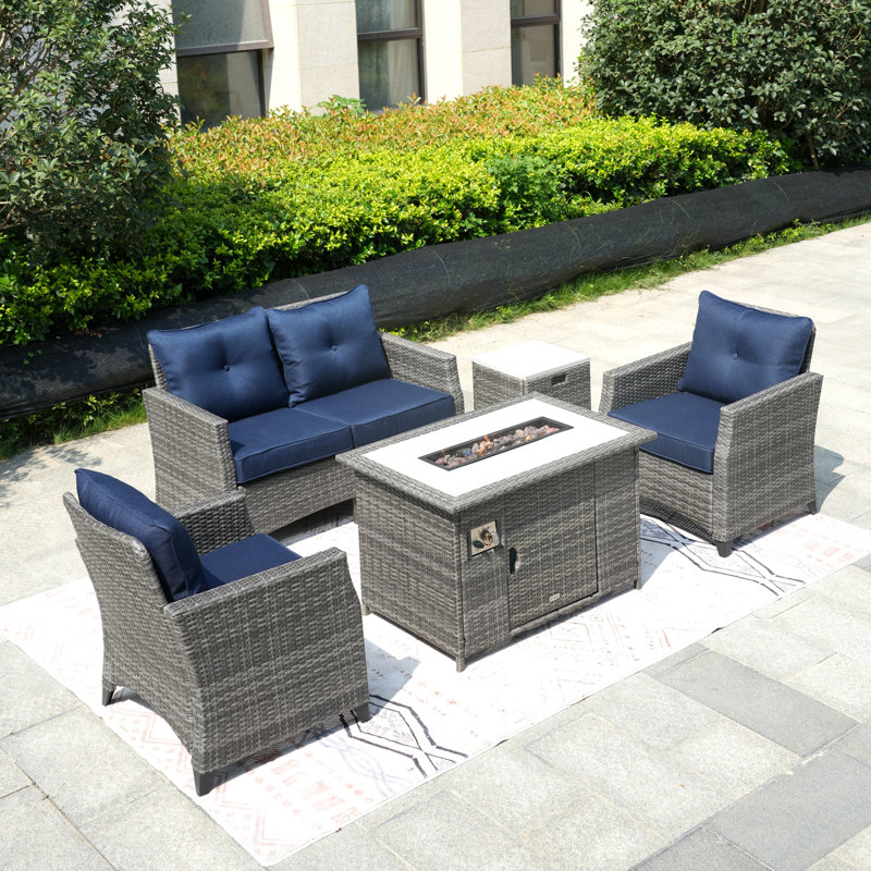 Ensemble de patio complet 5 pièces avec coussins, Bleu marine