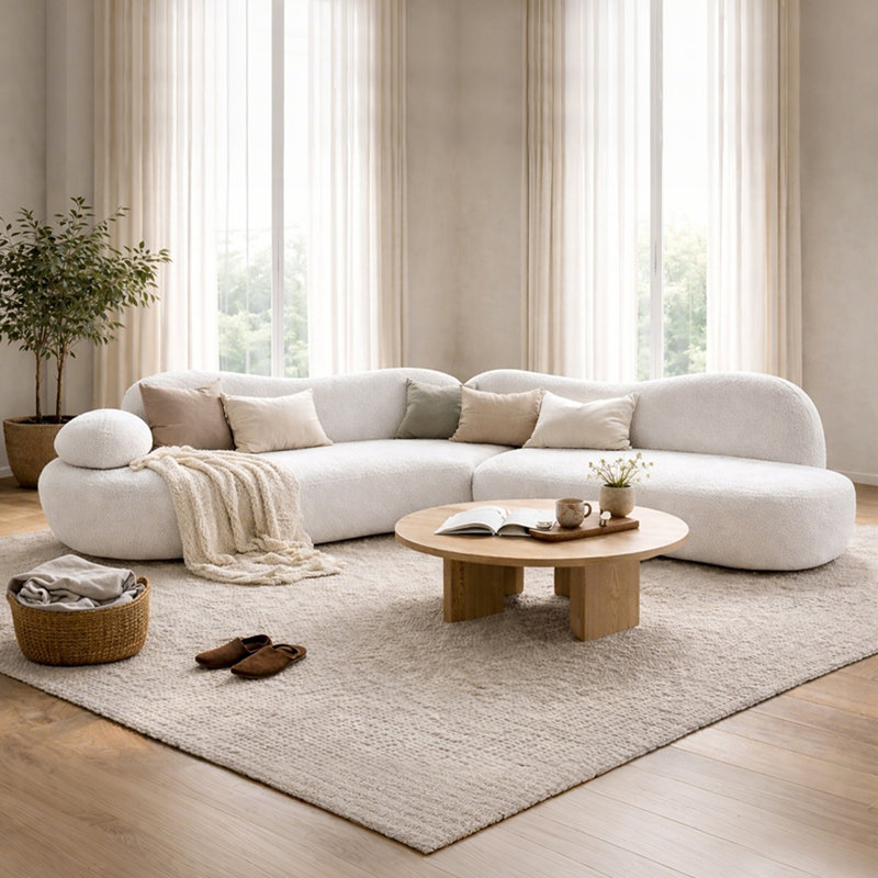 127.9"Modern Curved Crescent Shape And Butterfly Backrest Living Room Couch, Minimalist Comfy Boucle Fabric Modular Sofa, White