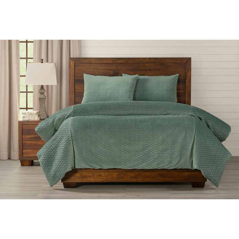Pleated Velvet Seafoam Green Duvet Cover Set, Full Duvet Cover + 2 Standard Shams