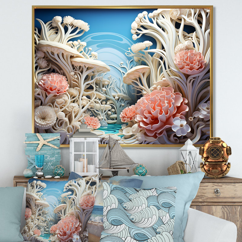 «Coral Sea Anemon Collage», art mural sur toile plage et océan, Cadre flottant doré, H 34 po x l 44 po x P 1,5 po