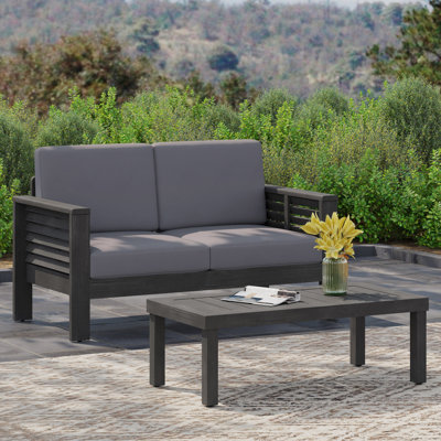 Acacia Wood Outdoor Loveseat And Coffee Table Set With Cushions, Dark Gray, Outdoor Sofa Set, Conversation Set, Outdoor Patio Loveseat
