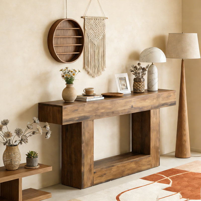Wooden Farmhouse 2-Tier Sofa Entryway Table, Rustic Brown