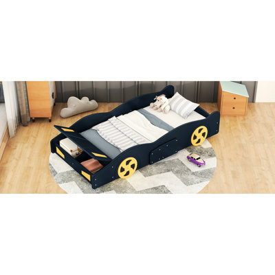 Lit simple en forme de voiture de course avec rangement et robustesse - bleu foncé et jaune, conçu pour le confort de la chambre à coucher