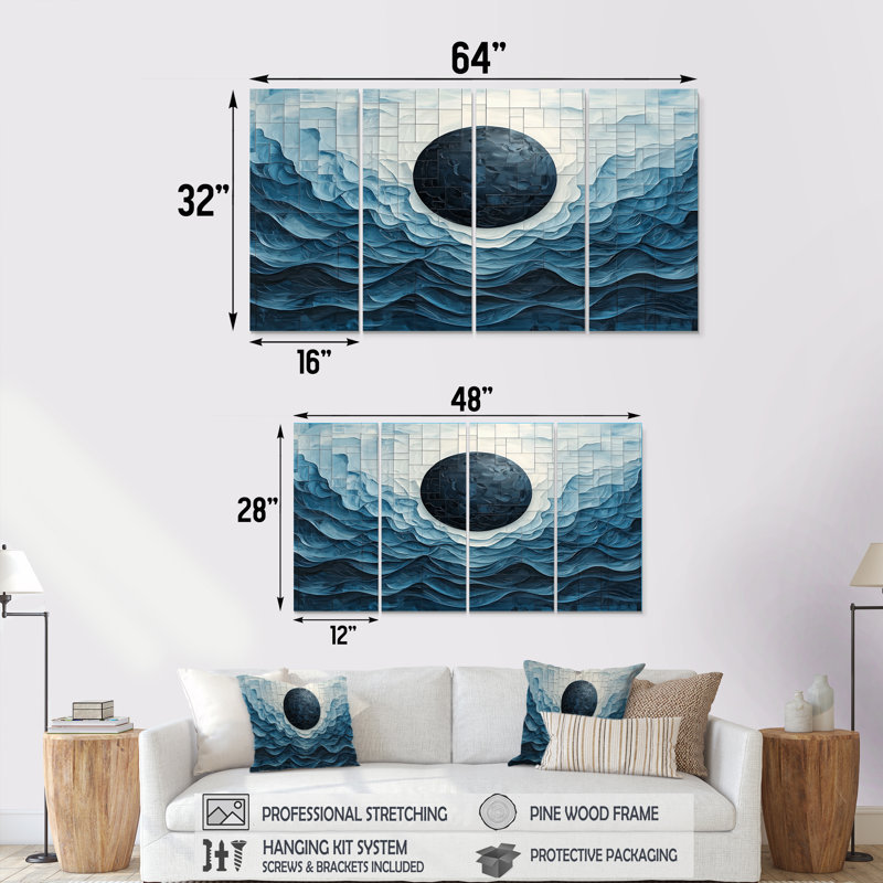 «Eclipse Moon on Coastal Relection II», art mural lune - ensemble d'art mural astronomie, H 32 po x l 64 po, 4