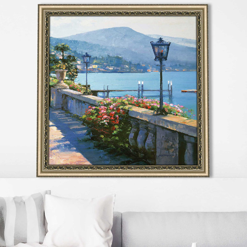 «Bellagio Promenade II» par Howard Behrens - Peinture, Encadrement champagne, H 31,5 po x l 31,5 po x P 1 po
