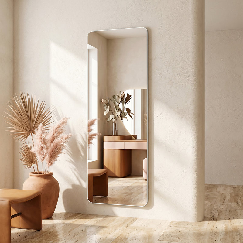 56" x 15" Frameless Full Length Mirror, Explosion-Proof HD Clear Glass, Wall Mounted & Adhesive Vanity Mirror, 56" x 15"
