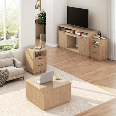COCO DESIGN-Ensemble de meubles 4 pièces: meuble télé avec foyer électrique cannelé, table basse et tables de chevet, ensemble de chambre à coucher de style campagnard avec armoires de rangement et tiroirs