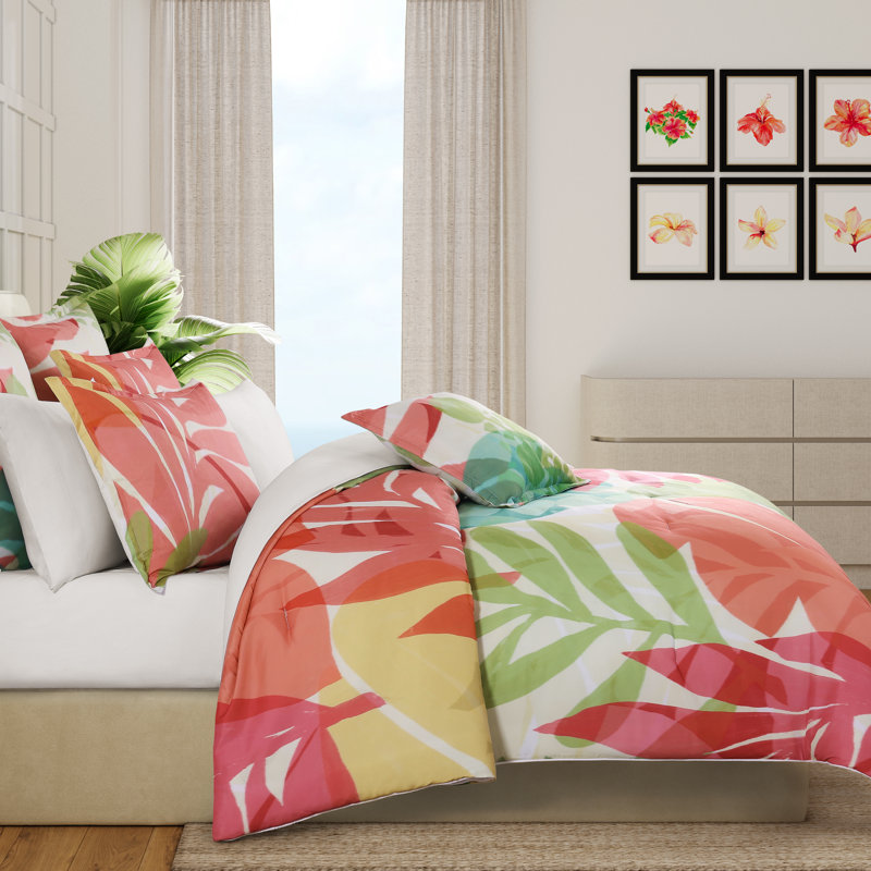 Tahiti 2 pièces Ensemble d'édredon vert, Édredon pour grand lit + 2 taies décoratives, Fuchsia