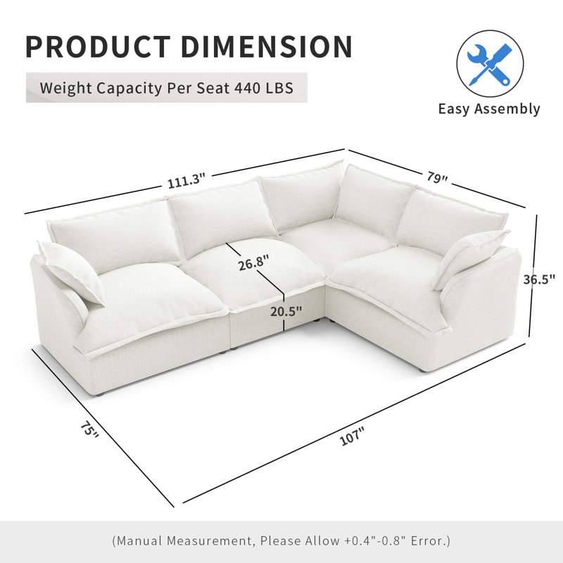 Canapé modulaire rembourré en duvet, canapé convertible Comfty, Mélange de lin blanc