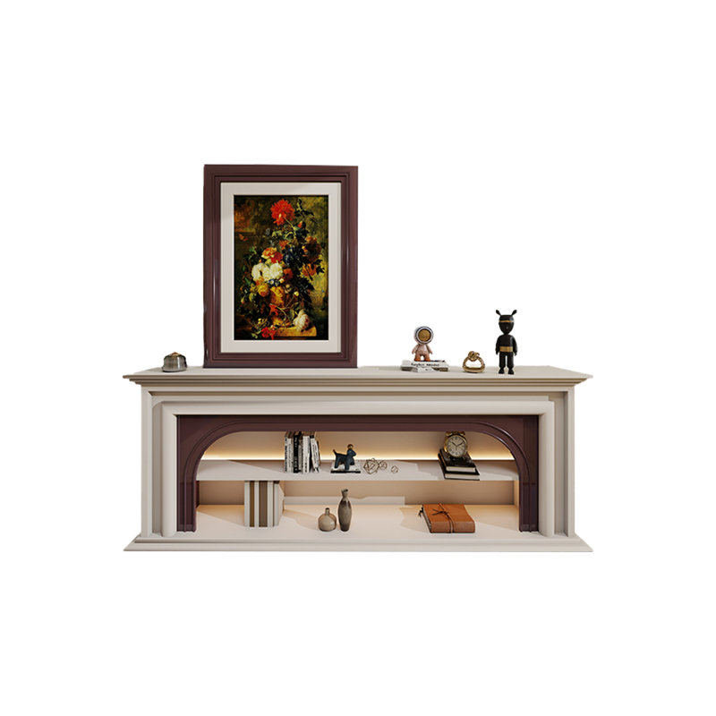 Beige + Walnut Wood TV Cabinet Fireplace, 29.53" H x 78.74" W x 29.53" D