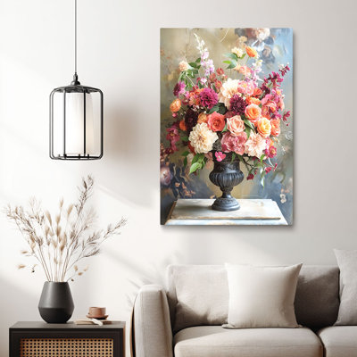 Vintage “Lush Mixed Floral Arrangement in Ornate Vase (Warm Tone)” Floral Bouquet Canvas Wall Art Stretched Frame for Cozy Studio