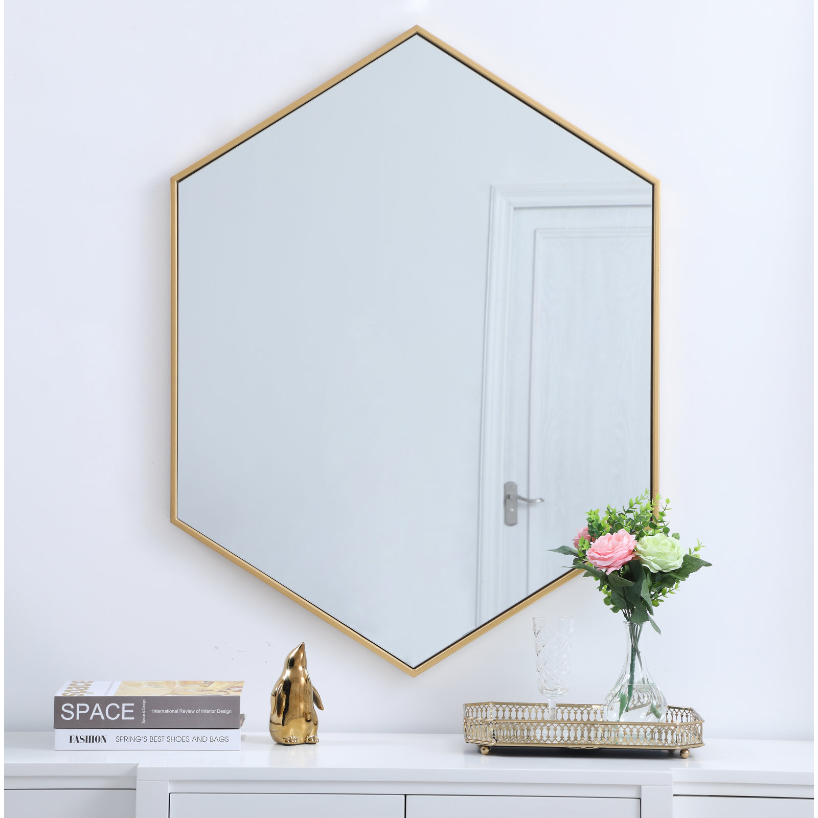 Sabine Metal Hexagon Wall Mirror, Brass, 40" H x 30" W