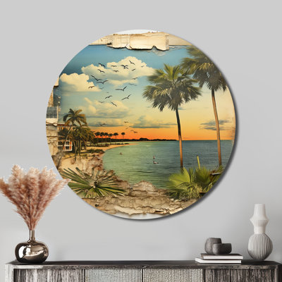 Vintage Florida Collage Palm Trees And Beach - Landscapes Round Metal Art