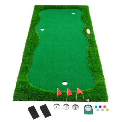 Tapis de golf de 12 x 5 pi, intérieur/extérieur, avec gazon synthétique de haute qualité, 3 trous, 3 drapeaux et 3 coupes.