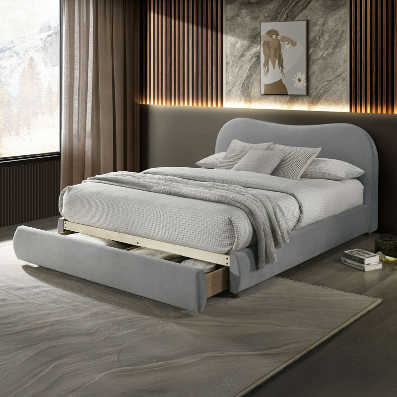 Structure de lit en velours capitonné 1pc, Grand lit, Gris clair