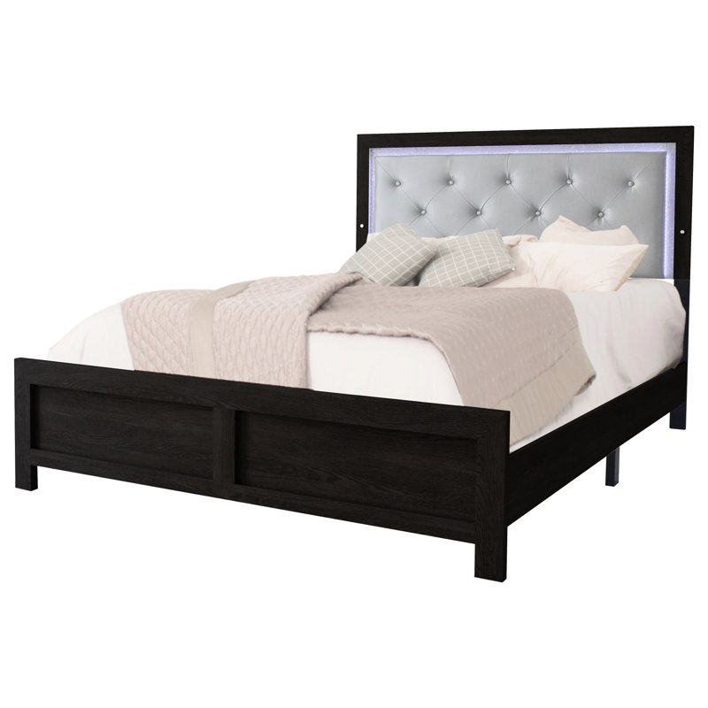 Lit pour très grand lit avec tête de lit à DEL, similicuir noir, revêtement gris, bouton, lit à panneaux de style moderne en bois massif, éclairage de la tête de lit, cuir noir,