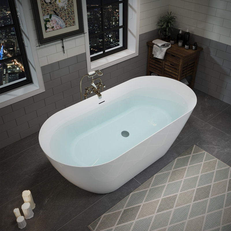  60" x 28.74" Acrylic Freestanding Bathtub, Oval Deep Soaking Bathtub with Matte Black Pop-up Drain & Integrated Overflow for Bathroom Spa