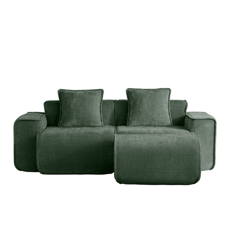 Canapé modulaire en L à 2 places avec passepoil à bordure française, sans assemblage requis, canapé à 2 places avec coussins décoratifs et 1 repose-pieds mobile, tissu de velours
