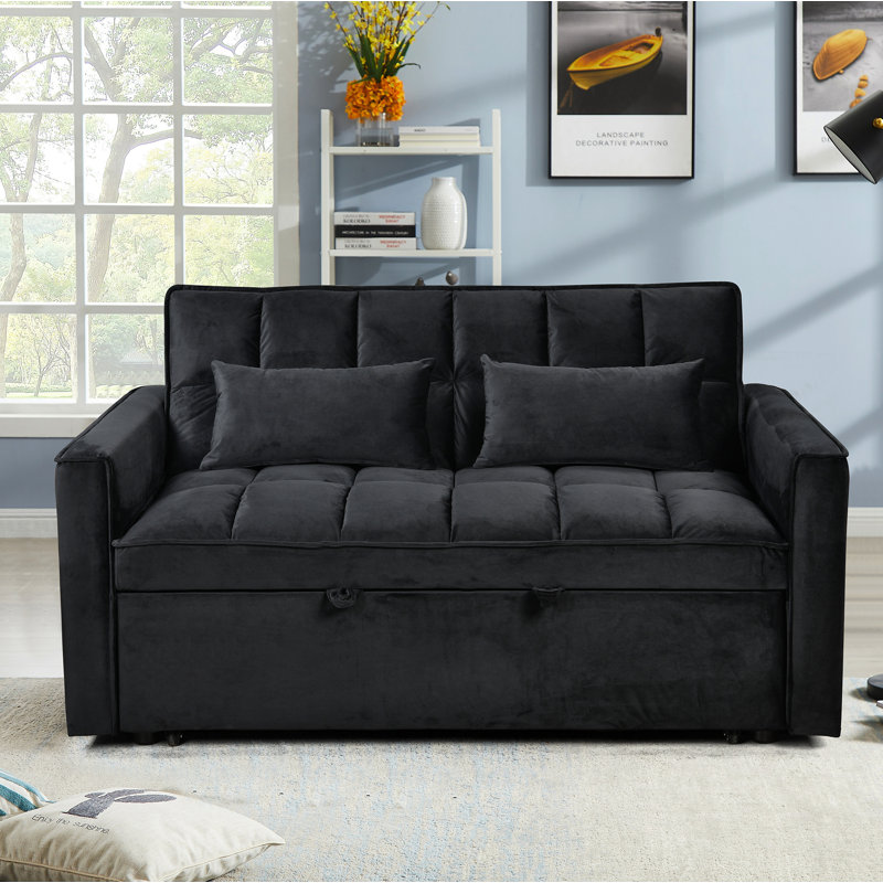 Darius 3-in-1 Convertible Velvet Sleeper Loveseat with Reclining Backrest, Black