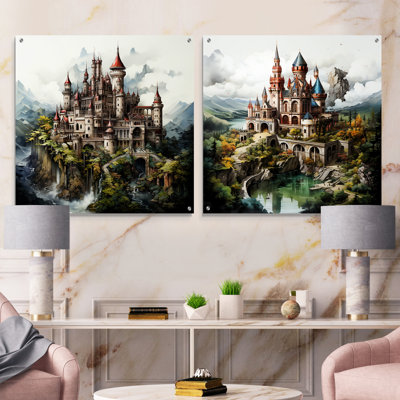 Dessin mystique d'un château - ensemble de 2 peintures murales en acrylique