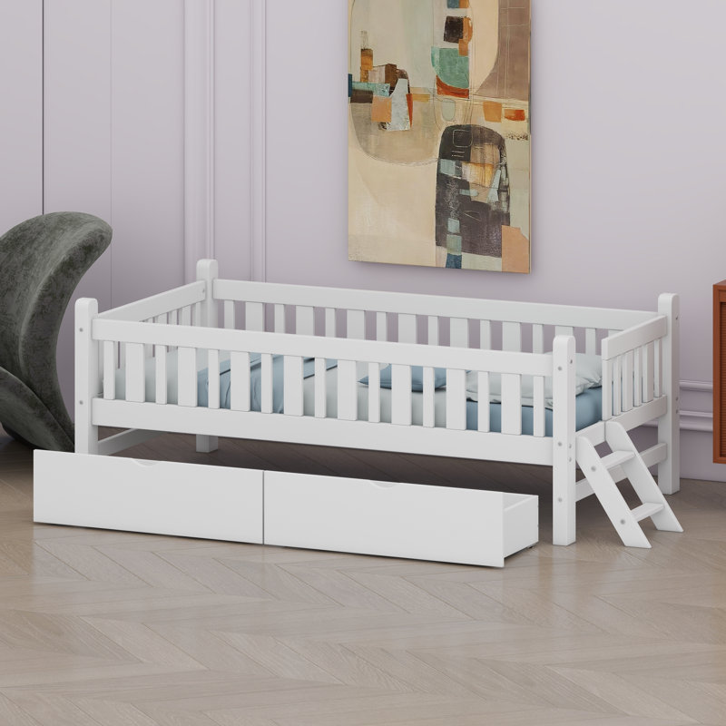 Kids Platform Bed Frame with Guardrail and Built-in Drawers, White