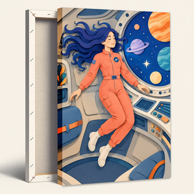 Astronaut In Orange Suit Floating In Spaceship Planets Canvas Wall Art, 18"H x 12"W