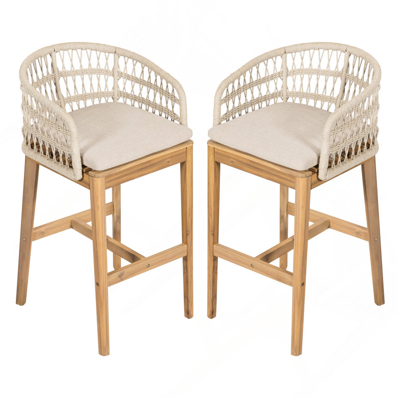 Tabouret de bar d'extérieur en bois et corde, bois fini teck avec coussin beige, ensemble de 2