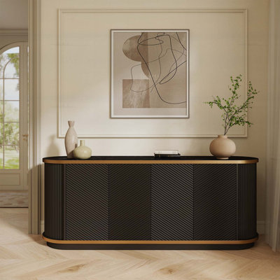 63 Inch Diagonal Fluted Sideboard with Storage, 4-Door Buffet Credenza TV Stand, Faux Marble Top, Modern Living and Dining Room Cabinet