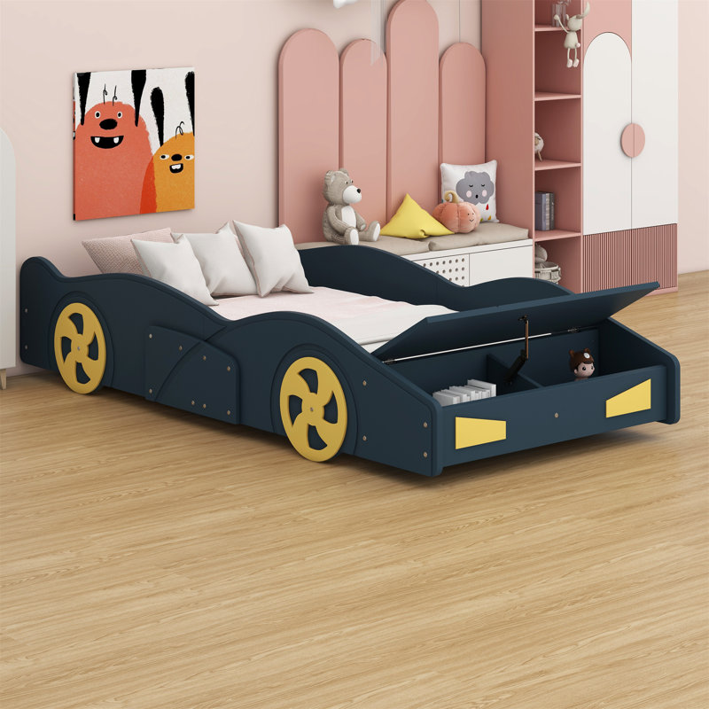 Lit plateforme avec roulettes et rangement Race, Lit simple, Bleu foncé / Jaune