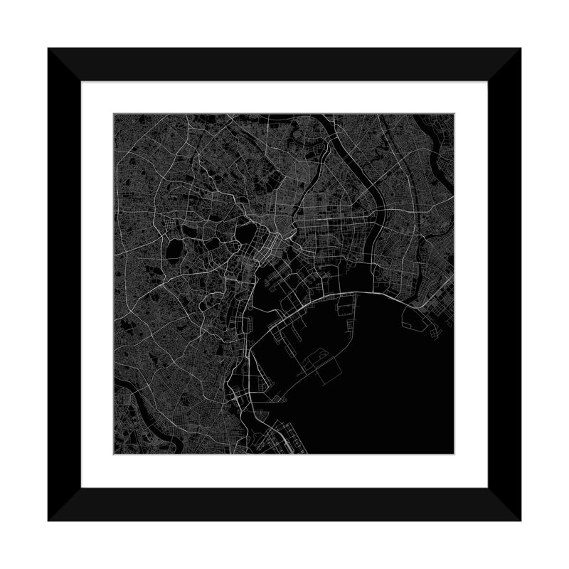 « tokyo routes », impression sur toile tendue grise, H 16 po x l 16 po x P 1 po, Papier d'art encadré noir, Blanc