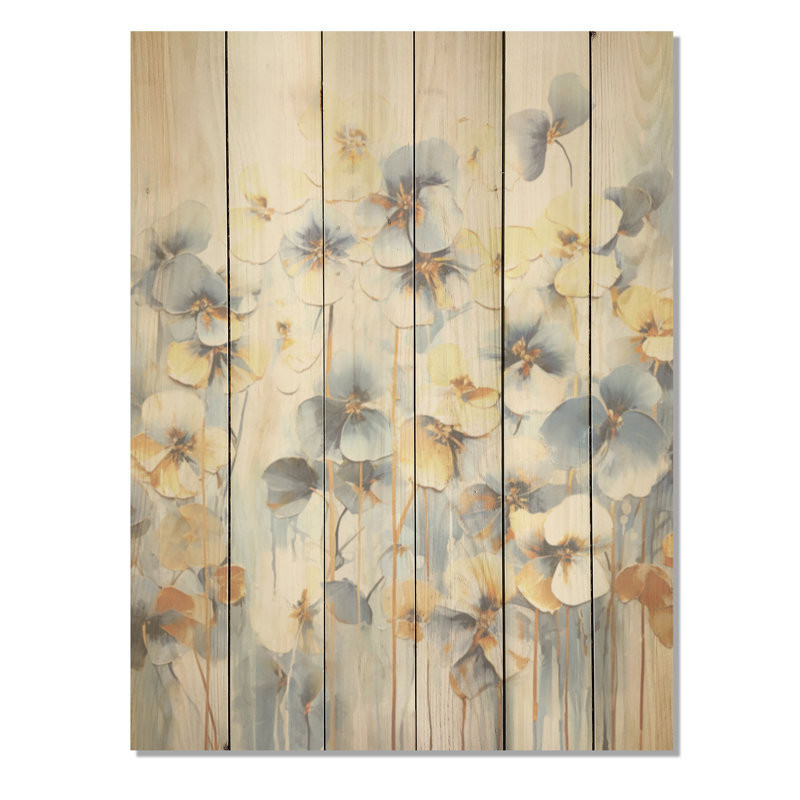 Élégants pétales dorés et bleus - Pensées, art sur bois de pin naturel, H 20 po x l 10 po