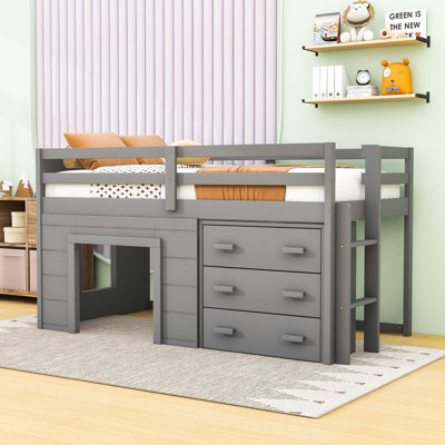Lit mezzanine simple en bois avec tiroirs et tablette de rangement intégrés