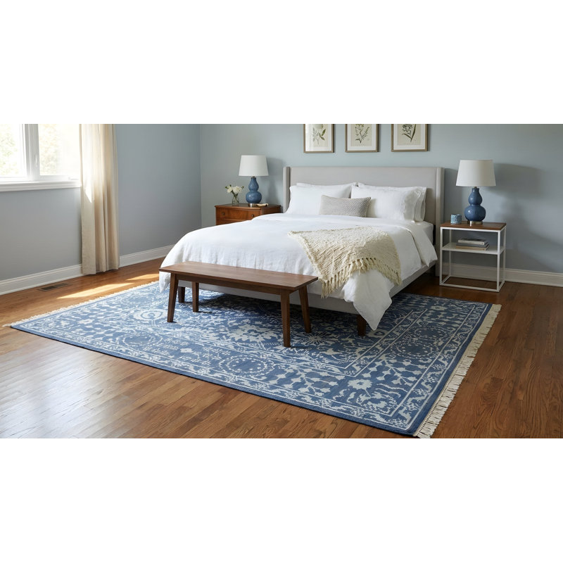 Blue Hand-Knotted Wool Bamboo Silk Framed Floral Garden Geometric Modern Contemporary Carpet Rug, 6' x 9'