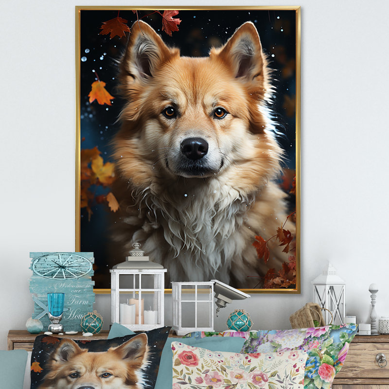 Chien Akita Aurora II sur toile, Cadre flottant doré, H 44 po x l 34 po x P 1,5 po