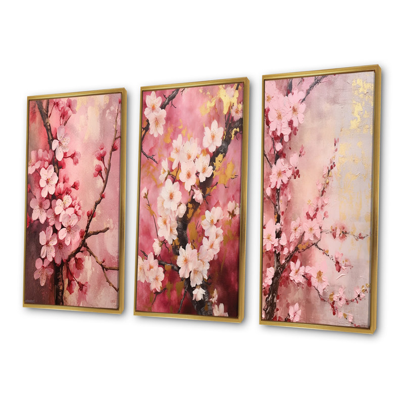 Cherry Blossoms Dark Pink Collage, Cadre flottant doré, H 28 po x l 36 po