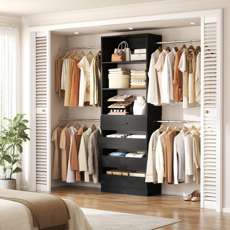 74"W To 116"W Adjustable Closet Organizer With 4 Drawers & 4 Rods, Black