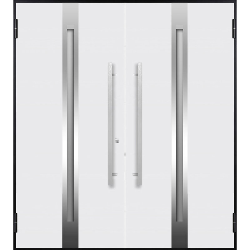 Façade avant extérieure en métal à deux portes / deux en chêne givré 1744 / verre givré naturel / entrée moderne à droite avec porte active 72 po x 80 po