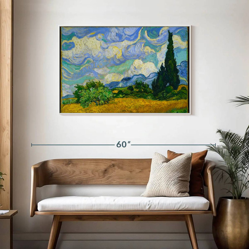Champ de blé avec cyprès, Cadre flottant blanc, 43 po x 29 po