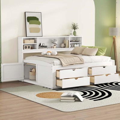Full Size Wood Daybed With 2 Bedside Cabinets, Upper Shelves And 4 Drawers
