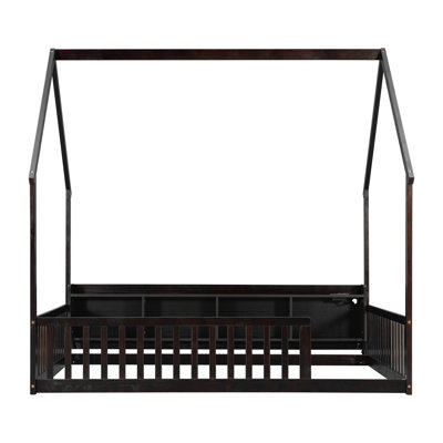 House Floor Bed with Storage Shelves,Built-in LED Lights & Charging Station,Pine Wood Floor Bed with Safety Guardrails